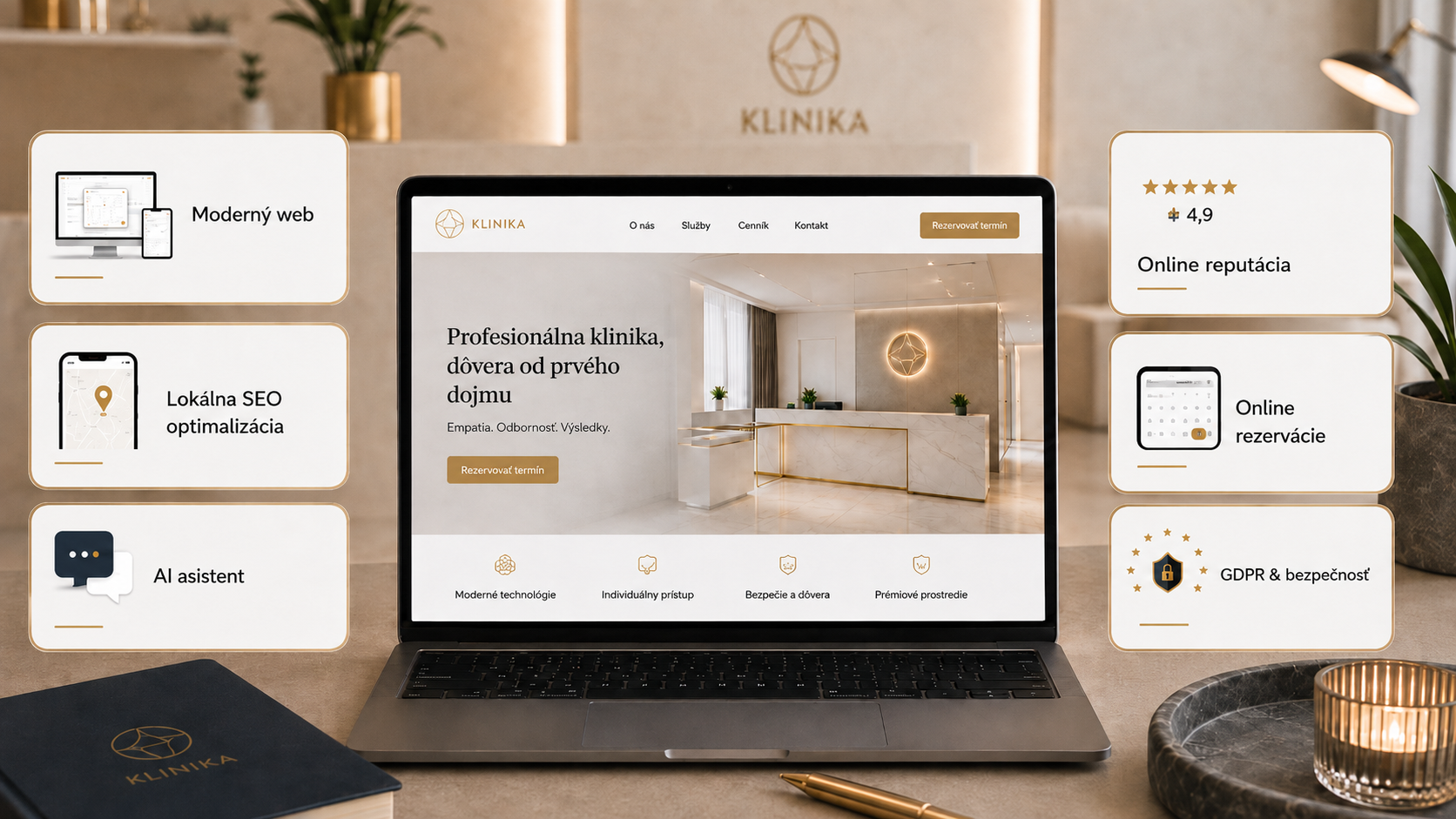 Prehľad všetkých služieb Escalate — moderný web, SEO, recenzie, booking, AI a GDPR na jednom mieste